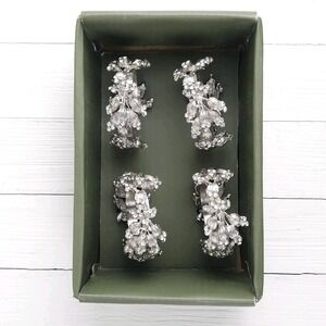 Silver Tone Napkin Ring Rhinestone Floral Metal Glam Wedding Christmas Shabby 4